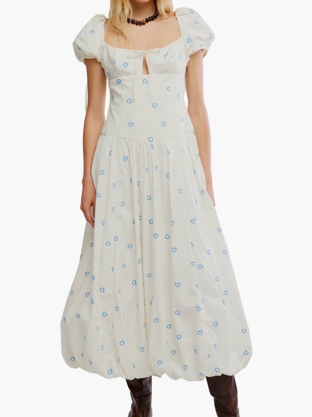 NWT Free People Bali Sprinkled Heart Puff Sleeve Maxi Dress 8 Tofu Combo